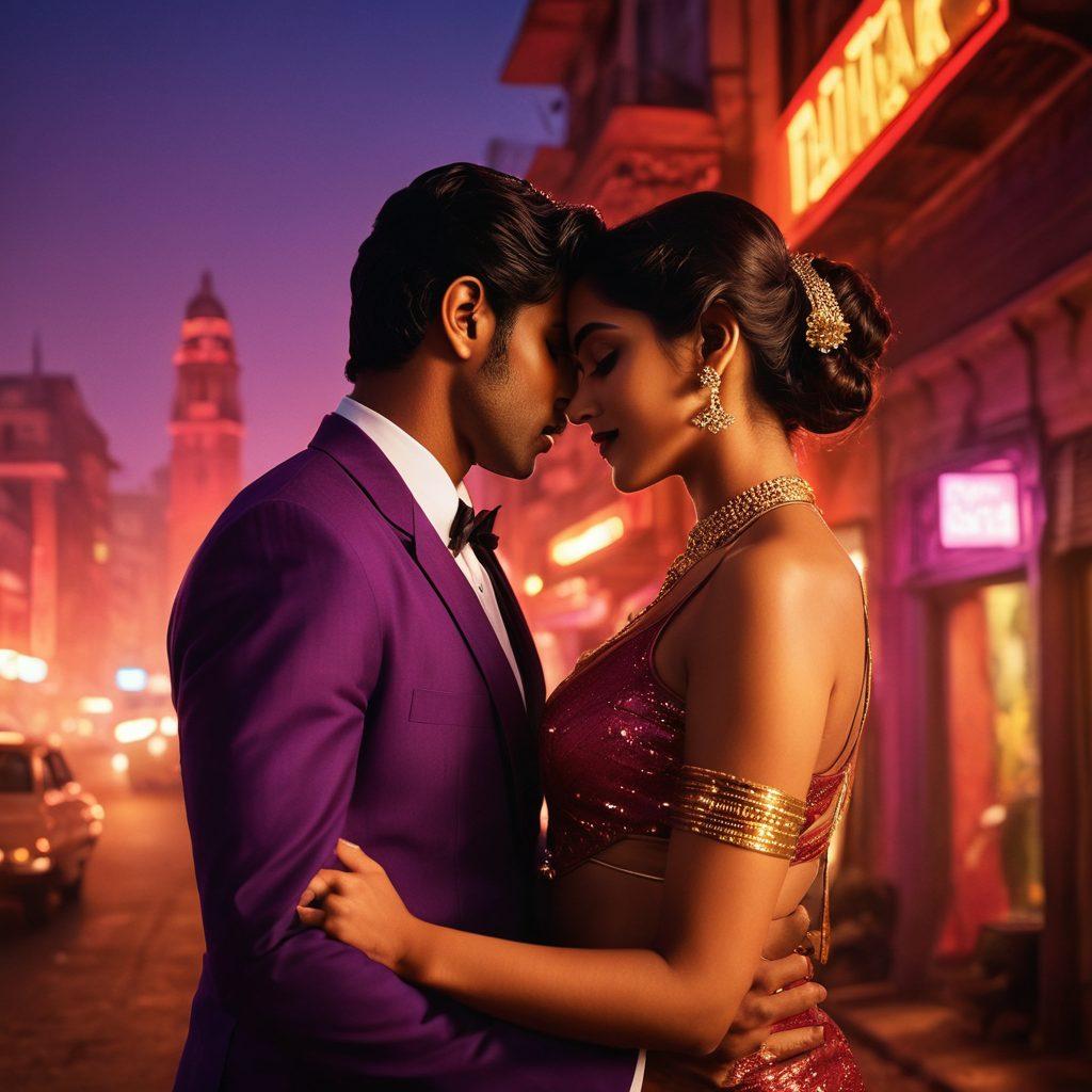 A striking fusion of classic Bollywood glamour and modern eroticism, featuring a film reel unwinding with vibrant scenes of passionate dance and intimate moments. Highlight silhouettes of couples in dramatic poses, interspersed with lush, tropical backdrops and sparkling city lights. Integrate elements of the film industry like vintage cameras and clapperboards to encapsulate the allure of cinema. The color palette should be bold and sensual, merging deep reds, golds, and purples for a sultry feel. super-realistic. vibrant colors. cinematic style.