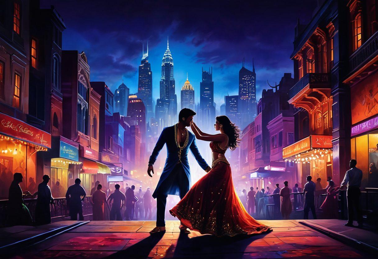 A bold and artistic representation of Bollywood cinema with dramatic lighting, showcasing a scene of a glamorous film set intertwined with subtle elements of eroticism. Include iconic Bollywood motifs like colorful costumes, intricate jewelry, and expressive dance poses, while also featuring shadows that hint at deeper themes. Enhance the composition with a cinematic backdrop of a city skyline at dusk. vibrant colors. 3D. cinematic style.