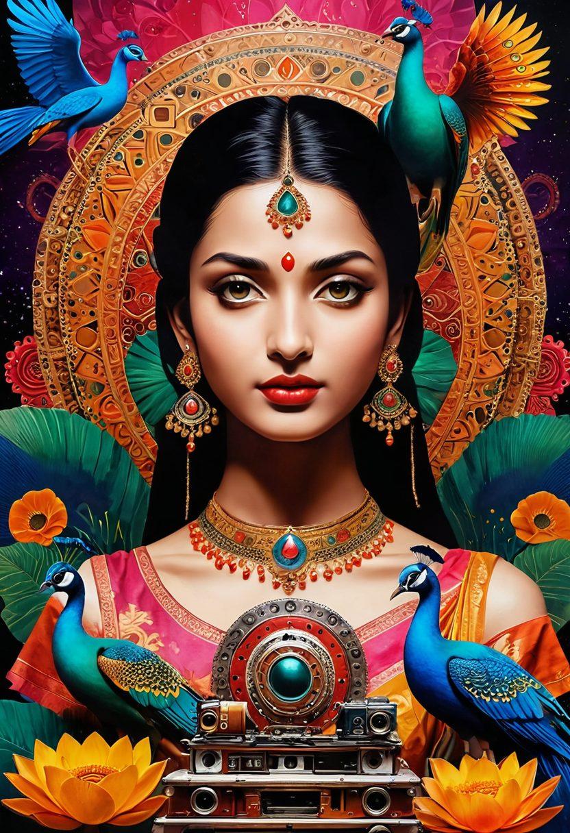 A surreal collage depicting the blend of traditional Indian art with modern adult themes, featuring vibrant colors, intricate patterns, and cinematic elements like film reels and projectors. Include iconic Indian symbols such as the lotus and peacock, combined with abstract expressions of desire through shapes and forms. Set against a mystical backdrop illustrating the duality of desire and art. super-realistic. vibrant colors. cinematic. abstract.